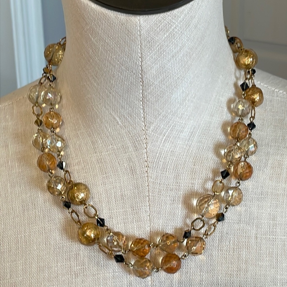 Gold foil glass bead vintage double strand necklace